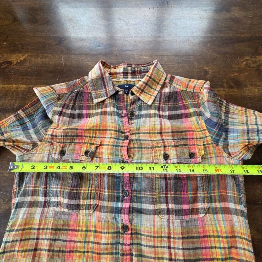 Gap Plaid Popover Shirt S Multicolor 100% Cotton Half Button Top Cinched Sleeve - Picture 6 of 9